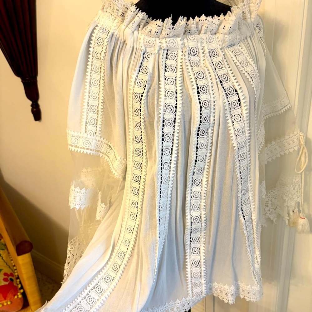 POL Anthropologie New White Bohemian Romantic White Lace & Tassels Top! Medium - Picture 4 of 13